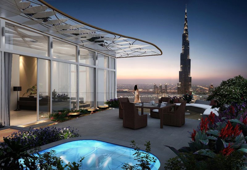 Luxury Downtown Dubai apartment interior with floor to ceiling city views